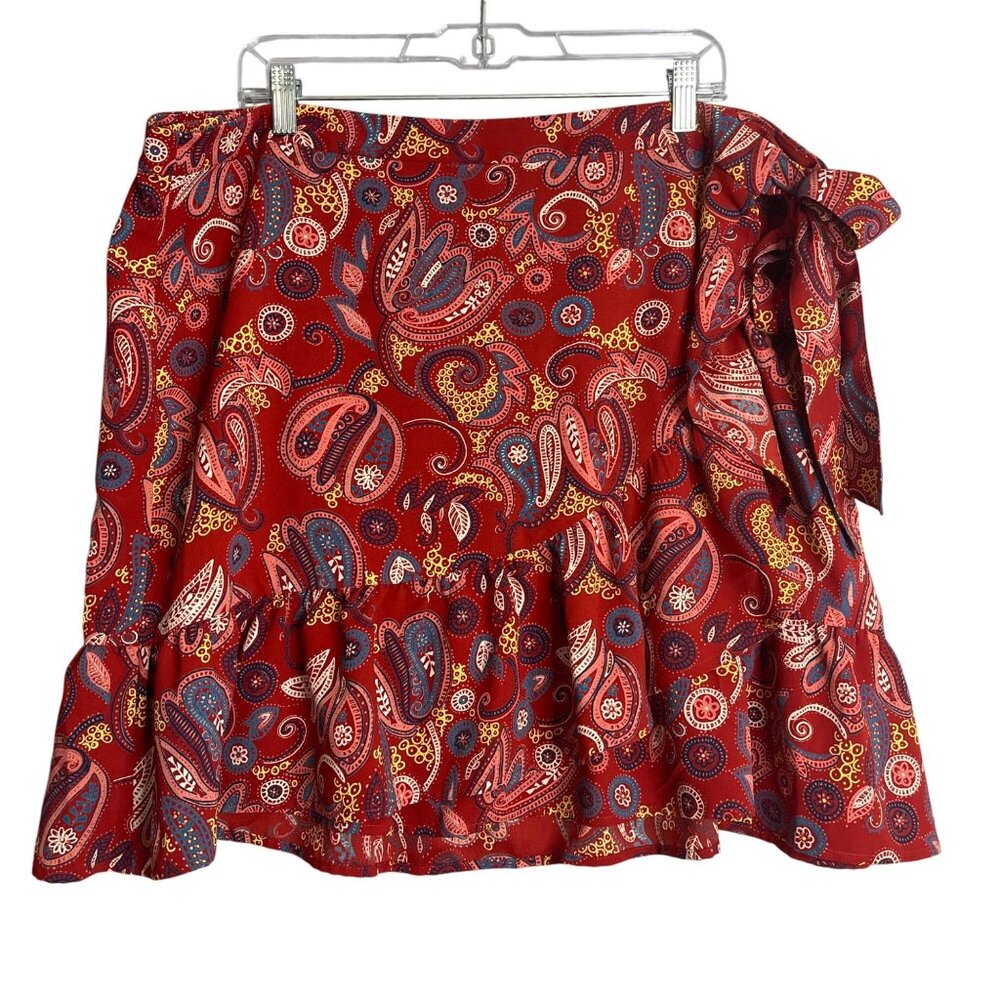 Loft‎ Plus Womens 18 Red Paisley Print True Wrap Skirt Ruffle Tie Mini Boho